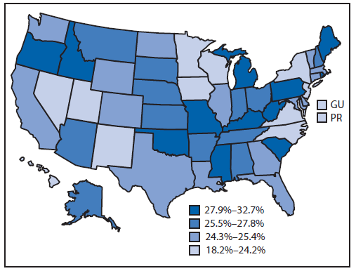 The figure is a map showing state-specific, age-standardized estimated prevalence of arthritis among veterans in the United States in 2011, 2012, and 2013 Behavioral Risk Factor Surveillance System surveys. Among the 50 states and the District of Columbia, the median state-specific arthritis prevalence among veterans was 25.4% (range = 19.7% in the District of Columbia to 32.7% in West Virginia).